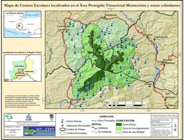 Mapa de Centros Escolares Localizados en el Área Protegida Trinacional Montecristo